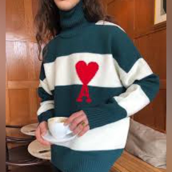 Ami Sweaters - AMI De Coeur Wool Knit Turtleneck Sweater Green Stripe Medium